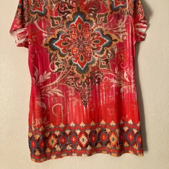 Style & Co Bright Cheery Multi Color Short Sleeve Bling Front Round Neck Sz M - Picture 4 of 6